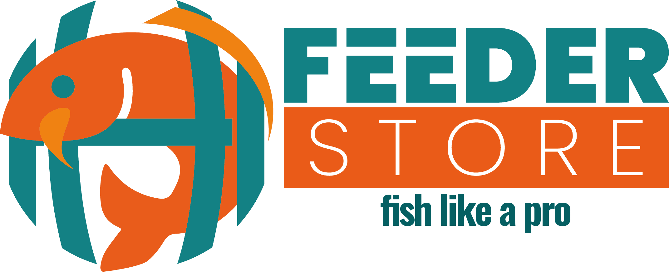 Logo della piattaforma e-commerce FEEDER STORE di colore verde e arancione, incluso pay-off e pittogramma a forma di carpa